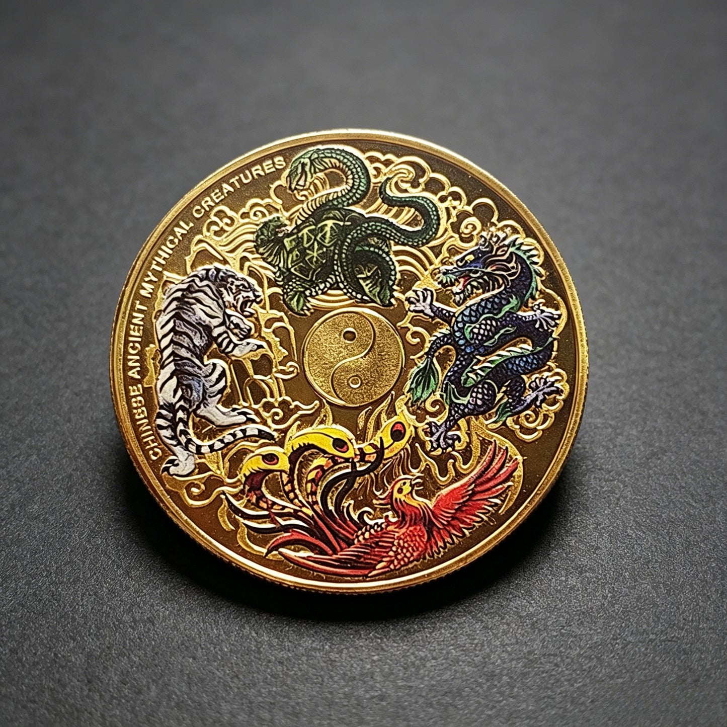🔮 Title: Ancient Chinese Four Great Beasts Feng Shui Gold Coin – Your Lucky Charm for Protection & Positive Energy-CJP