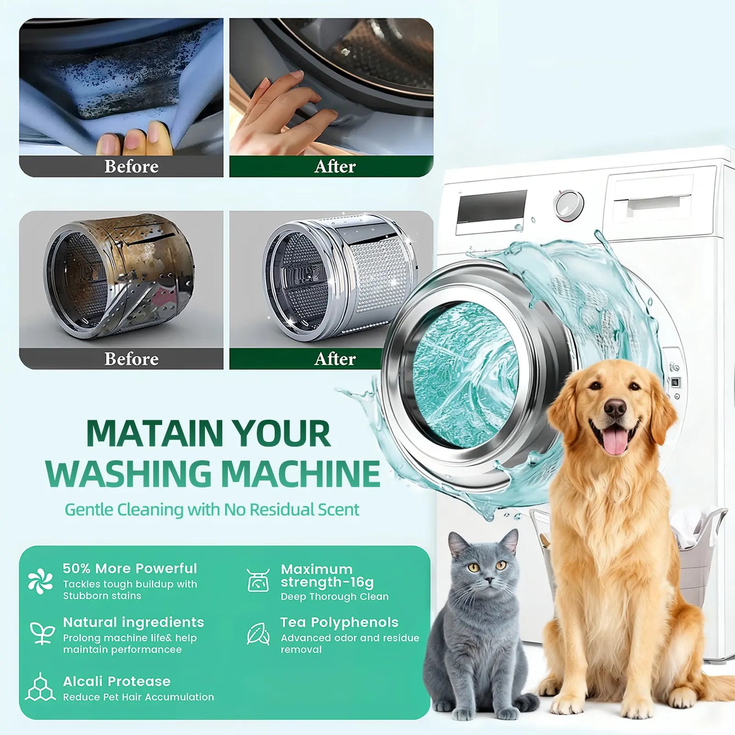 12Pcs Eco-Friendly Washing Machine Cleaner Tablets, Removes Pet Hair Buildup, Strong Deodorization, Long-Lasting Washer Inner Drum Cleaning.-KPL