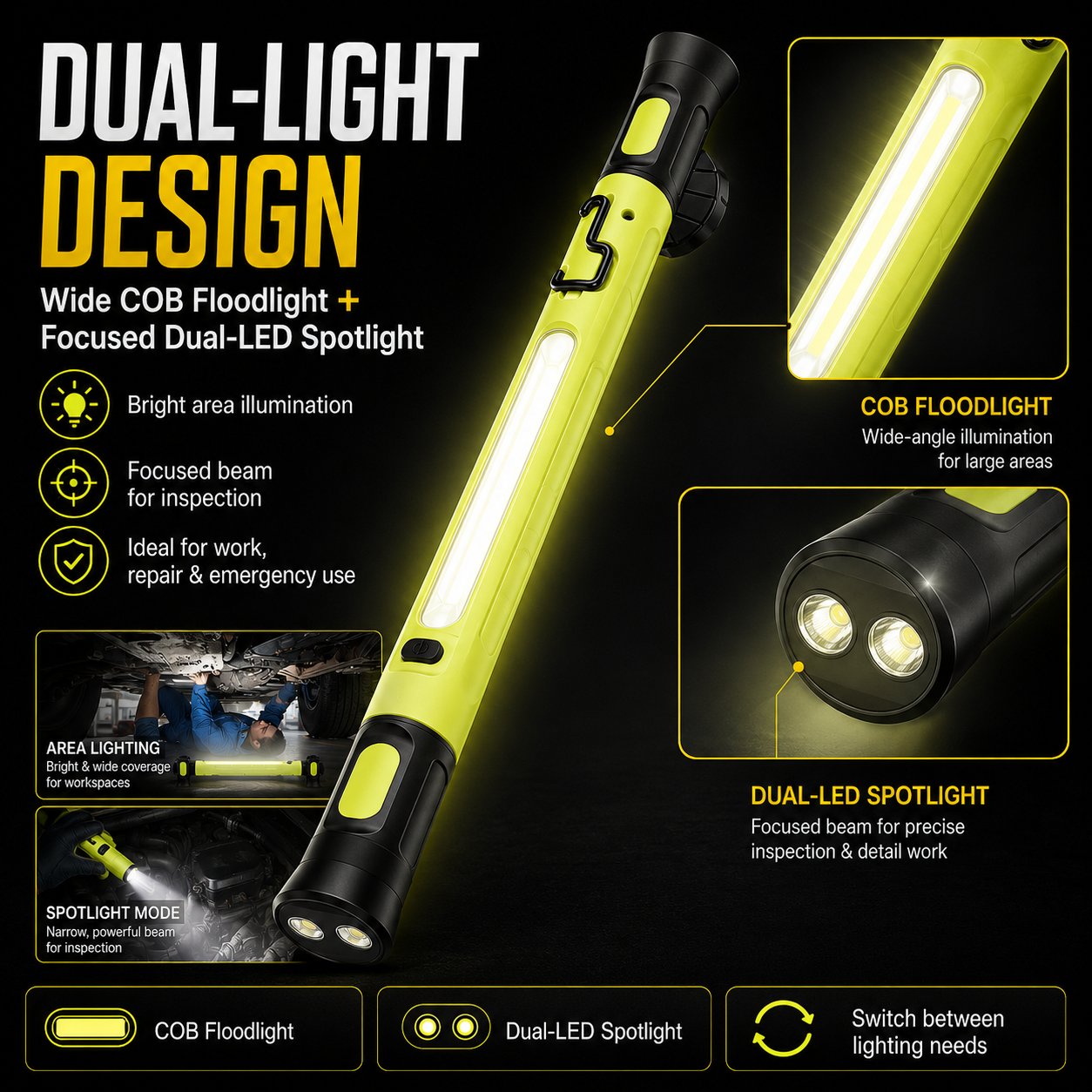 🛠️ Foldable Magnetic COB Work Light, Rechargeable Mechanic Inspection Flashlight for car repair and outdoor emergency use-XLB