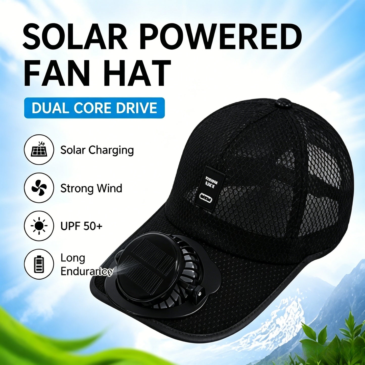 🌞Dual Fan Solar Powered Baseball Cap - Adjustable Speed, Breathable Mesh for Outdoor Sports-LT