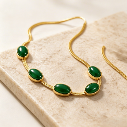 💚Elegant Emerald Gold Necklace🎁Vintage Oval Gemstone Statement Chain for Women-YOY