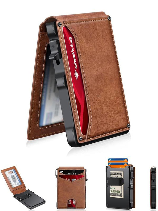Minimalist Men's Wallet: Holds 5-10 cards, with cash clip and ID window. Features RFID anti-skimming protection, aluminum alloy foldable pop-up design.-KPL
