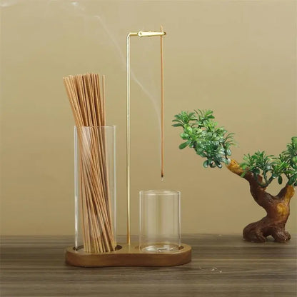 2 in 1 Incense & Candle Holder, 1 Count Wooden Base Aromatherapy Diffuser Incense Burner with Removable Glass Ash Collector, Woody Home Decor Ornament for Living Room Bedroom, Funny Gift, Scented, Aroma, Fragrance Perfume.-KPL