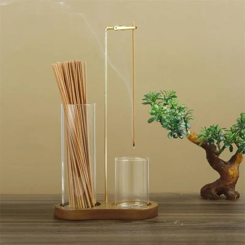 2 in 1 Incense & Candle Holder, 1 Count Wooden Base Aromatherapy Diffuser Incense Burner with Removable Glass Ash Collector, Woody Home Decor Ornament for Living Room Bedroom, Funny Gift, Scented, Aroma, Fragrance Perfume.-KPL
