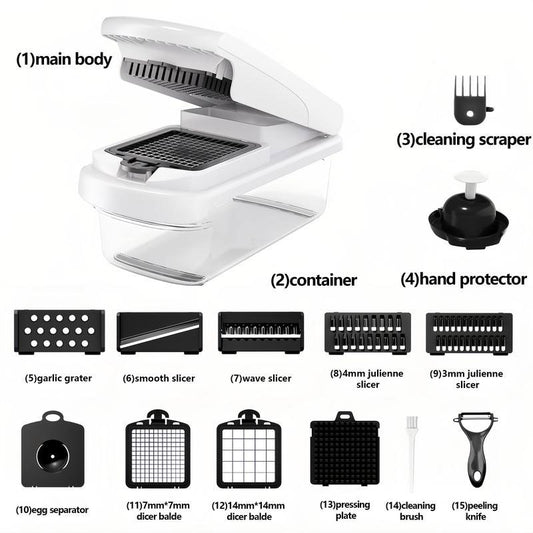 🔥Vegetable Chopper,15-in-1 Multifunctional Food Chopper,Professional Onion Chopper with 8 Blades,Vegetable Cutter with Container for Salad,Potato🥕🥦,Carrot,and Garlic; Essential Kitchen Tool-LGZ