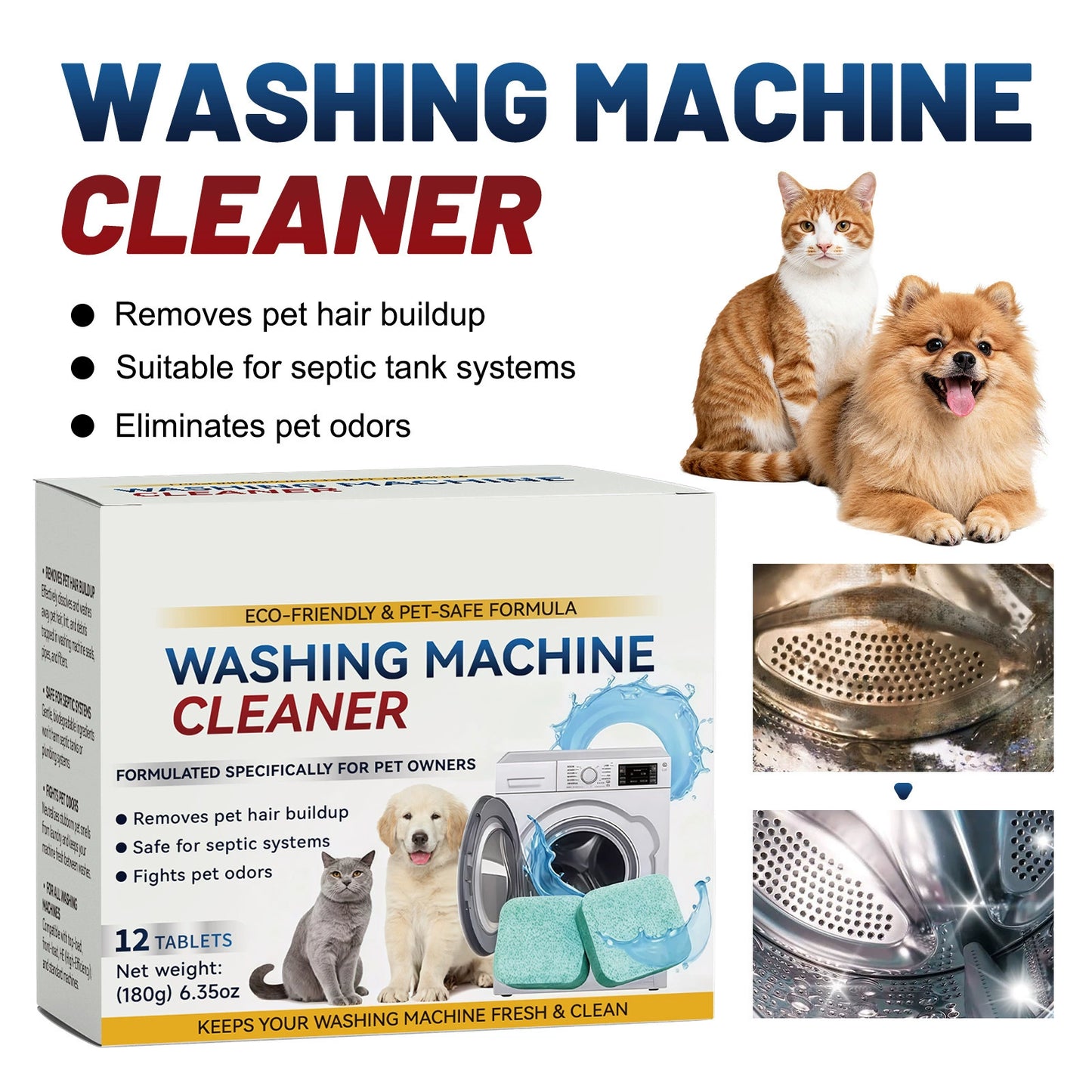 12Pcs Eco-Friendly Washing Machine Cleaner Tablets, Removes Pet Hair Buildup, Strong Deodorization, Long-Lasting Washer Inner Drum Cleaning.-KPL