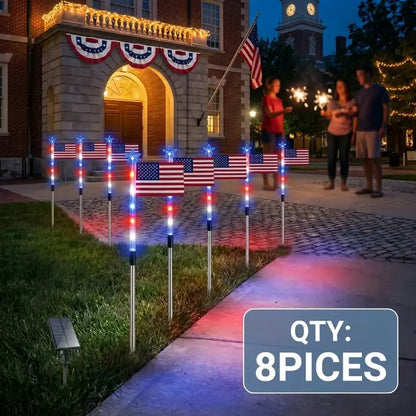 8-Piece Flag Light Set, 4th of July Decorations 8 Lighting Modes, 8-in-1 American Flag Solar Lights, Memorial Day Decorations Featuring Red, White, and Blue Lights for Independence Day Pathway Garden Decorations Yard Pathway -LGZ