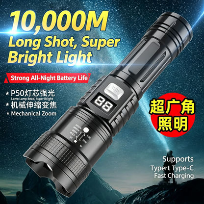 Zoomable High Lumen Rechargeable Tactical Flashlight with Power Percentage Screen-TTT