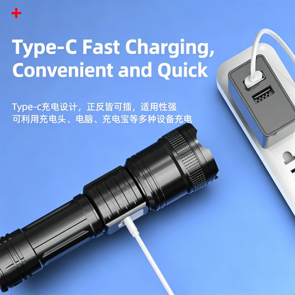 Zoomable High Lumen Rechargeable Tactical Flashlight with Power Percentage Screen-TTT