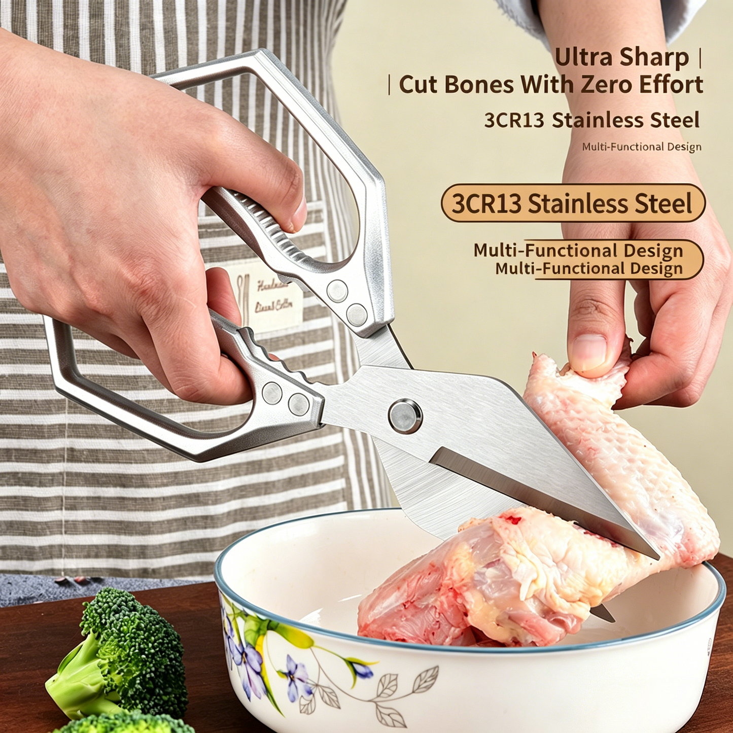 Heavy Duty Multi-Purpose Stainless Steel Kitchen Scissors, Sharp Bone Cutting Shears for Poultry, Vegetables, Fish and Nut Cracking-TTT
