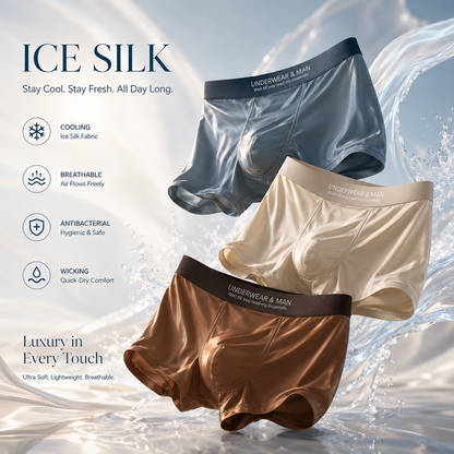 Men's Seamless Ice Silk Boxer Briefs | 10A Grade Antibacterial Mulberry Silk Crotch | Ultra-Smooth Cooling Underwear ❄️ Silk Feel-QZZ
