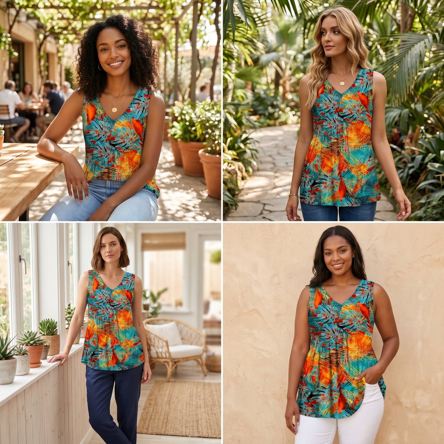 Everyday Comfortable V-neck Sleeveless Pleated Top - Flowy Summer High-End Top in 22 Vibrant Prints and Solid Colors-XXS