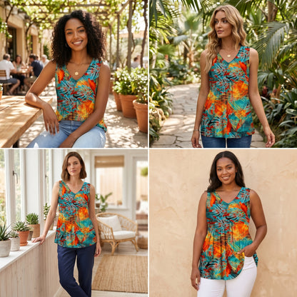 Everyday Comfortable V-neck Sleeveless Pleated Top - Flowy Summer High-End Top in 22 Vibrant Prints and Solid Colors-XXS