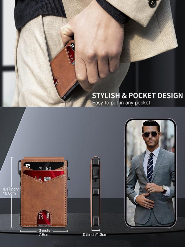 Minimalist Men's Wallet: Holds 5-10 cards, with cash clip and ID window. Features RFID anti-skimming protection, aluminum alloy foldable pop-up design.-KPL