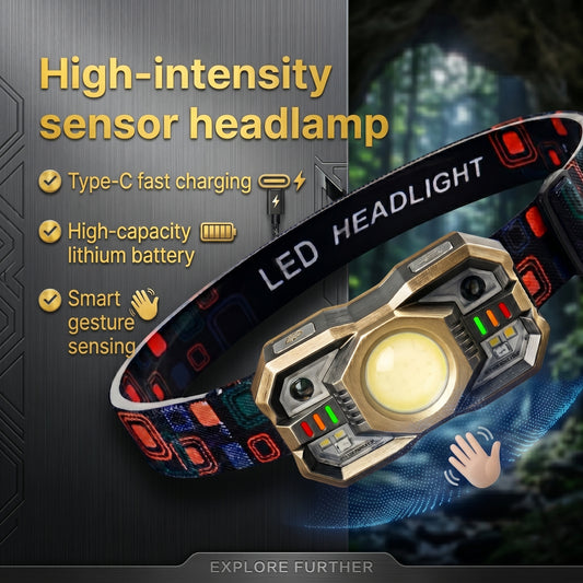 High-Intensity Motion Sensor LED Headlamp – USB-C Rechargeable Waterproof Head Torch for Fishing, Camping & Outdoor Adventures-TTT