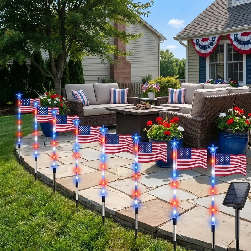 8-Piece Flag Light Set, 4th of July Decorations 8 Lighting Modes, 8-in-1 American Flag Solar Lights, Memorial Day Decorations Featuring Red, White, and Blue Lights for Independence Day Pathway Garden Decorations Yard Pathway -LGZ