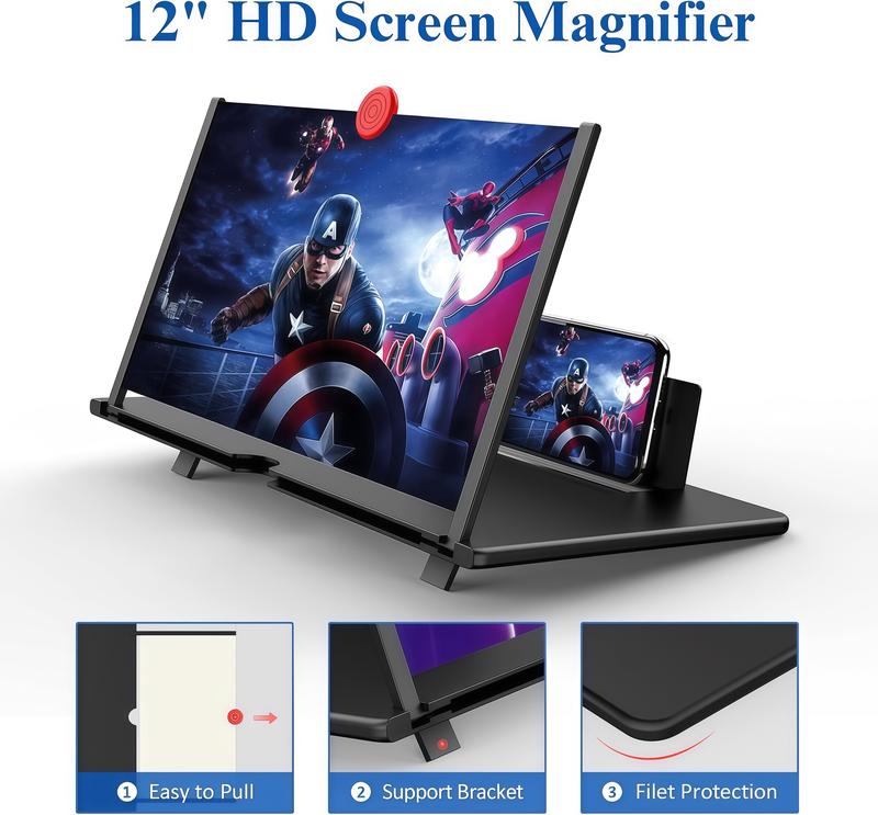 📱12\" Screen Magnifier,3D HD Mobile Phone Magnifier Projector Screen Enlarger for Movies, Videos, and Gaming,Foldable Cell Phone Stand with Screen Amplifier,Supports All Smartphones (Black, 12inch) #SummerVibes-AUX