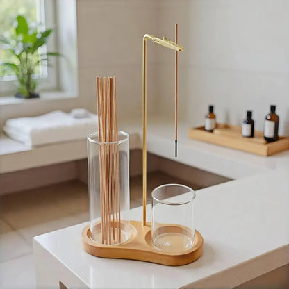 2 in 1 Incense & Candle Holder, 1 Count Wooden Base Aromatherapy Diffuser Incense Burner with Removable Glass Ash Collector, Woody Home Decor Ornament for Living Room Bedroom, Funny Gift, Scented, Aroma, Fragrance Perfume.-KPL