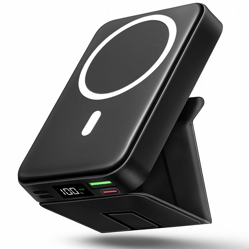 2026 US Spring Glow Up campaign 10000mAh Magnetic Power Bank Wireless Portable Charger with USB-C Cable LED Display Foldable Battery Pack for iPhone17/ 16/15/14/13/12/Pro/Pro Max Series Charging Compact Silicone Black⚡-LGZ