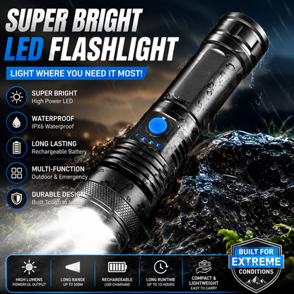 🔦Super Bright LED Flashlight – 🎣Rechargeable Waterproof Tactical Torch for Outdoor & Emergency Use-YOY