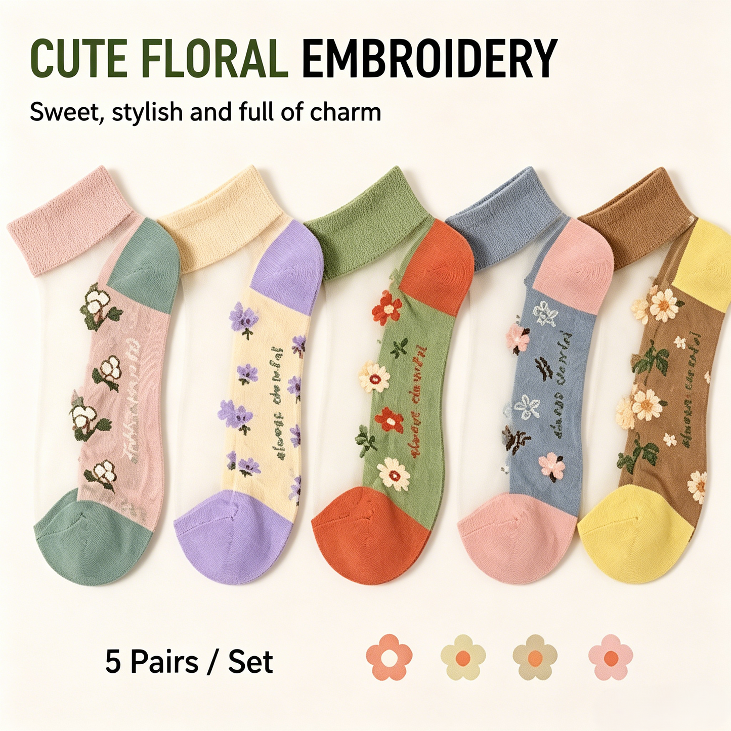 🌸 Cute Floral Ice Silk Socks 💨 Anti-Snag Breathable Summer Ankle Socks-WBJ