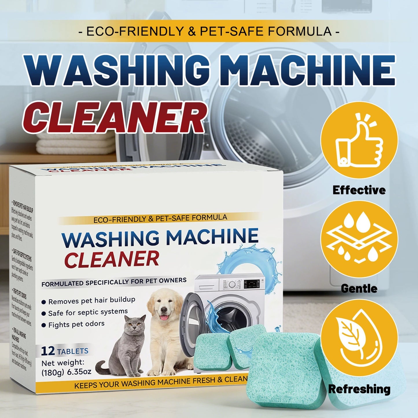 12Pcs Eco-Friendly Washing Machine Cleaner Tablets, Removes Pet Hair Buildup, Strong Deodorization, Long-Lasting Washer Inner Drum Cleaning.-KPL