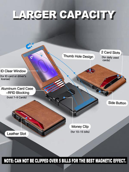 Minimalist Men's Wallet: Holds 5-10 cards, with cash clip and ID window. Features RFID anti-skimming protection, aluminum alloy foldable pop-up design.-KPL