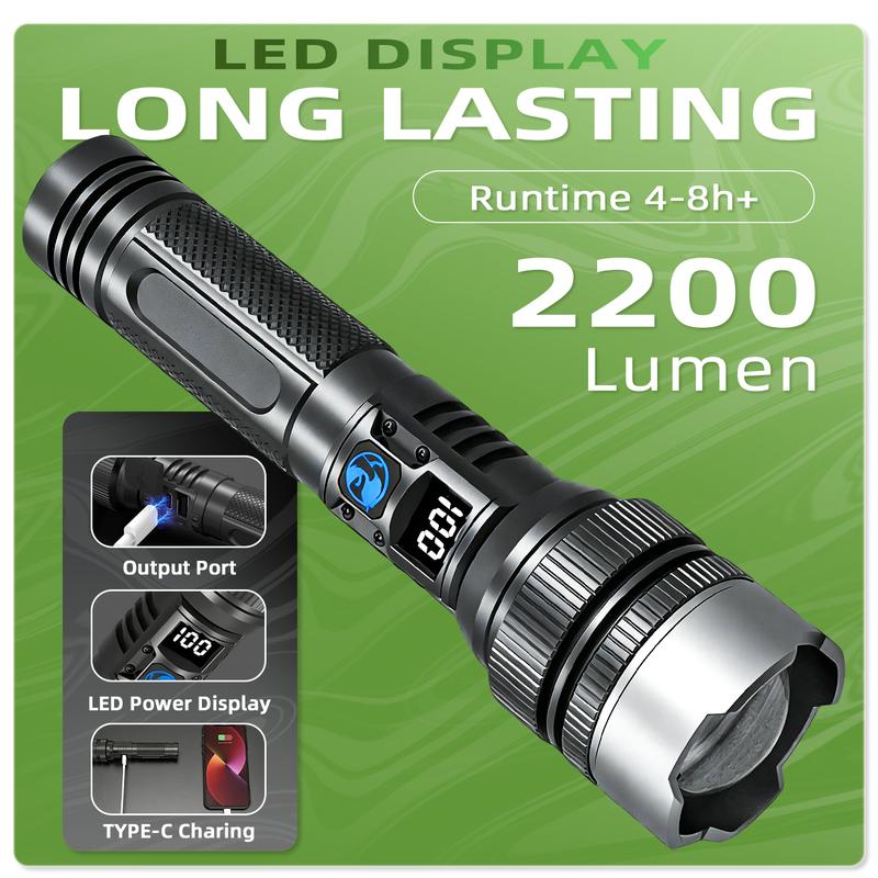 🔦2-in-1 Strong Flashlight (Power Bank)🔦, Digital display ofpower, Rechargeable, Zoomable,, X4Waterproof,Adjustable Brightness Flash Light for Outdoor, Emergency,Camping Accessories.-AUX