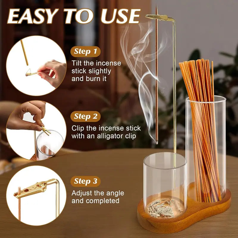 2 in 1 Incense & Candle Holder, 1 Count Wooden Base Aromatherapy Diffuser Incense Burner with Removable Glass Ash Collector, Woody Home Decor Ornament for Living Room Bedroom, Funny Gift, Scented, Aroma, Fragrance Perfume.-KPL
