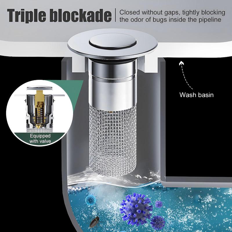 🚿Universal Pop-Up Bathroom Sink Drain Filter with Removable Stainless Steel Hair Catcher Basket🦠 Anti-Odor &Anti-Insect Design-YOY