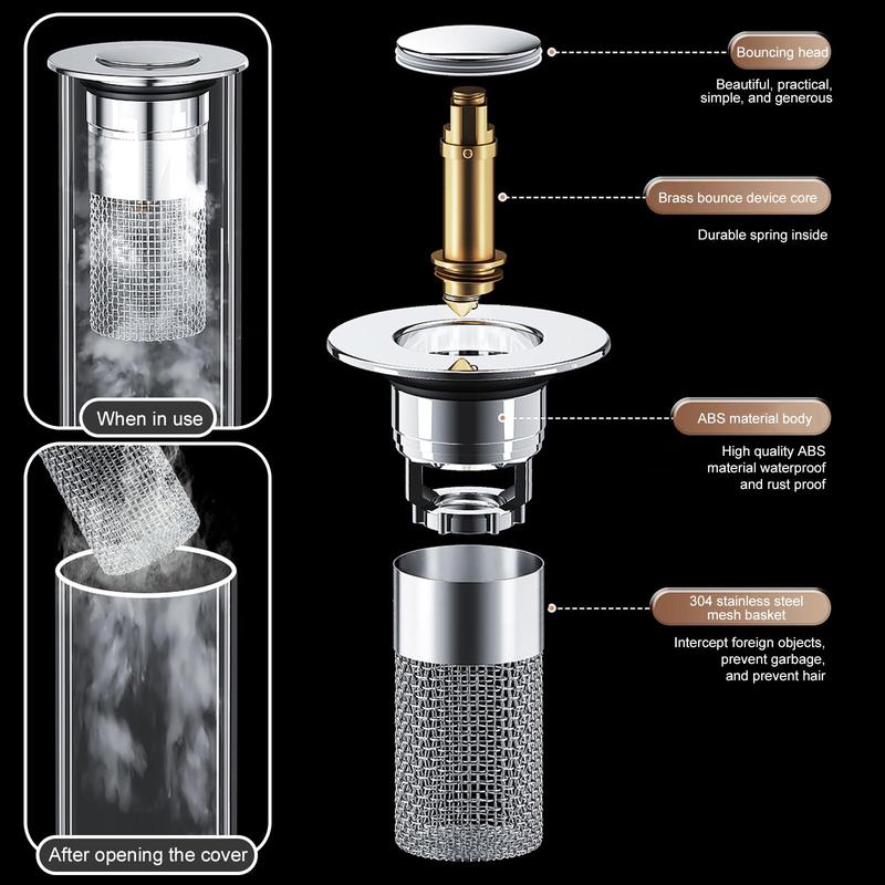 🚿Universal Pop-Up Bathroom Sink Drain Filter with Removable Stainless Steel Hair Catcher Basket🦠 Anti-Odor &Anti-Insect Design-YOY