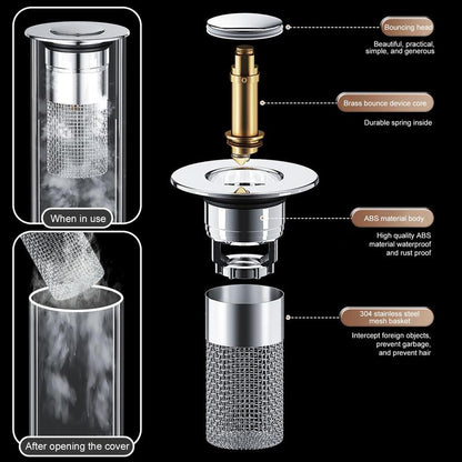 🚿Universal Pop-Up Bathroom Sink Drain Filter with Removable Stainless Steel Hair Catcher Basket🦠 Anti-Odor &Anti-Insect Design-YOY