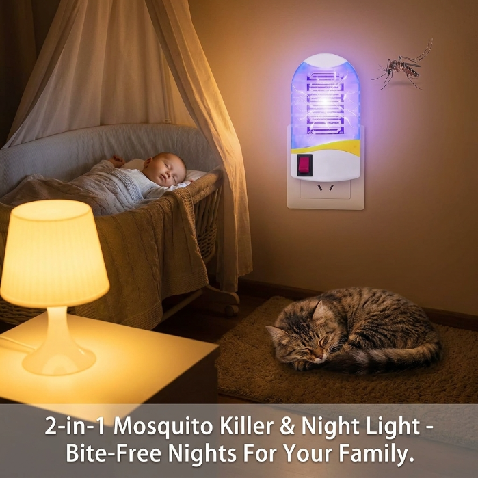 Plug In UV Light Mosquito Killer Lamp 360° Coverage Silent Electric Bug Zapper 2 In 1 Night Light Safe For Family Bedroom Kitchen Indoor-QZZ