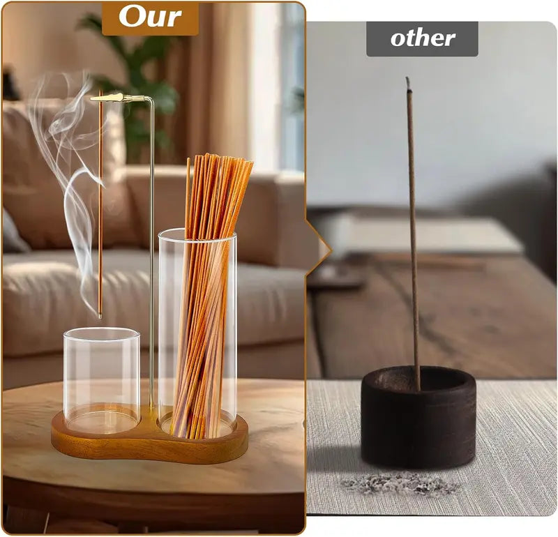 2 in 1 Incense & Candle Holder, 1 Count Wooden Base Aromatherapy Diffuser Incense Burner with Removable Glass Ash Collector, Woody Home Decor Ornament for Living Room Bedroom, Funny Gift, Scented, Aroma, Fragrance Perfume.-KPL