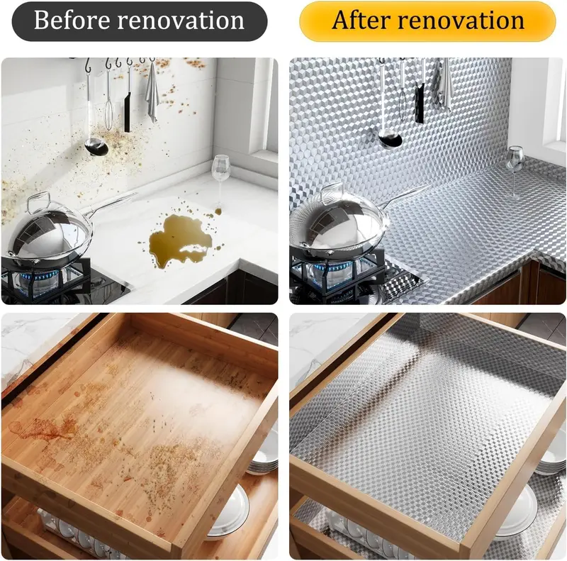 💧 Waterproof Oil Resistant Contact Paper, Peel & Stick Aluminum Foil Sticker for Stove, Cabinet and Wall Decoration-XLB
