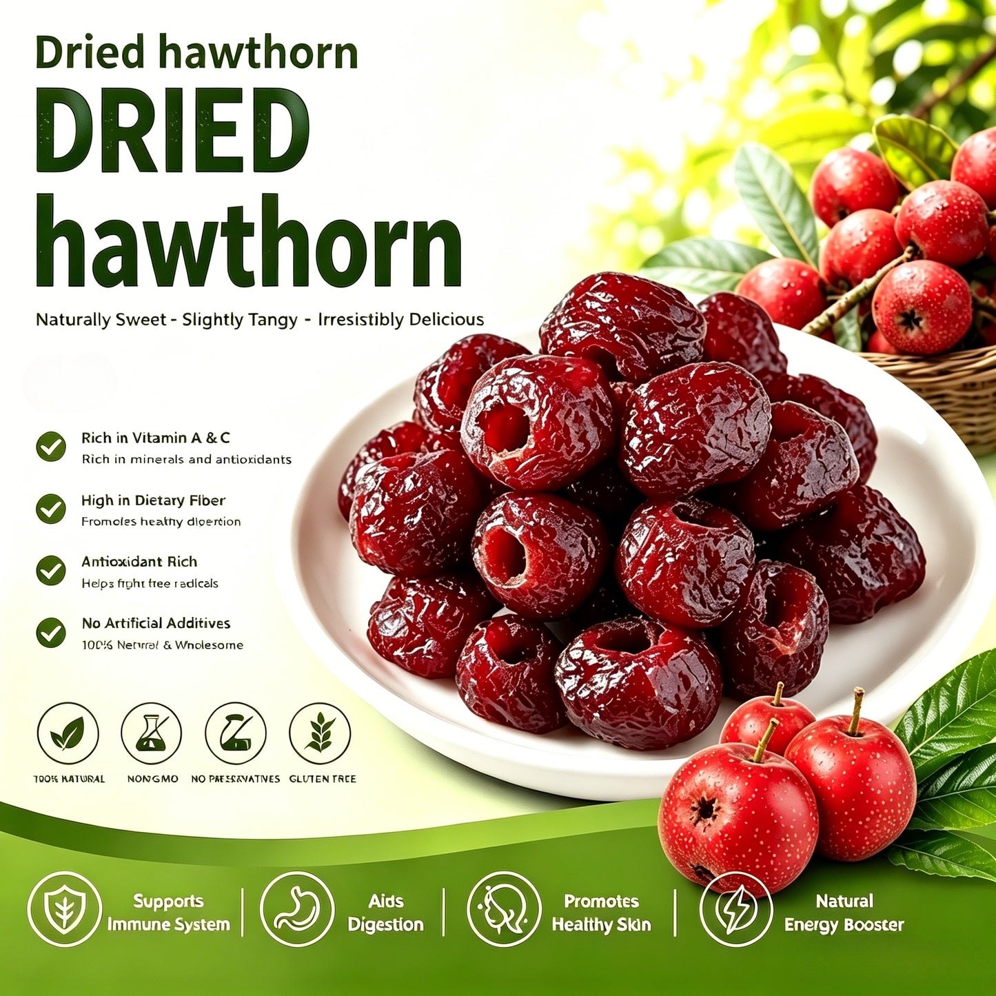 😋Hollow Dried Hawthorn Berries - 🍃100% Natural Digestive Healthy Fruit Snack, Seedless & Plump Preserved Hawthorn-XLB