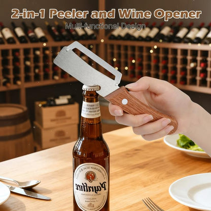 Premium-Grade Fruit & Vegetable Peeler| Sharp Stainless Steel Blade, Ergonomic Wooden Handle + Built-in Bottle Opener – Ideal for Daily Kitchen Use (Potatoes, Apples, Pumpkins & More)-KPL