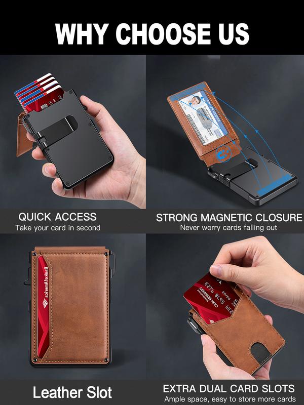 Minimalist Men's Wallet: Holds 5-10 cards, with cash clip and ID window. Features RFID anti-skimming protection, aluminum alloy foldable pop-up design.-KPL