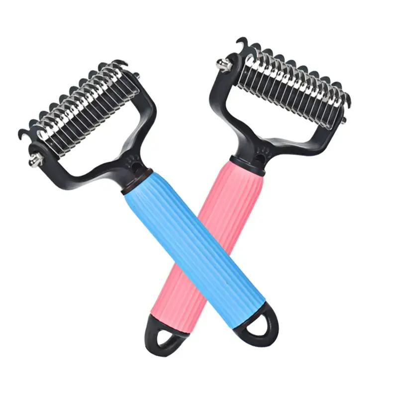Pet Detangling Grooming Comb, Double-Sided Undercoat Rake for Dogs & Cats, One-Click Shedding Brush for Matted Hair-TTT