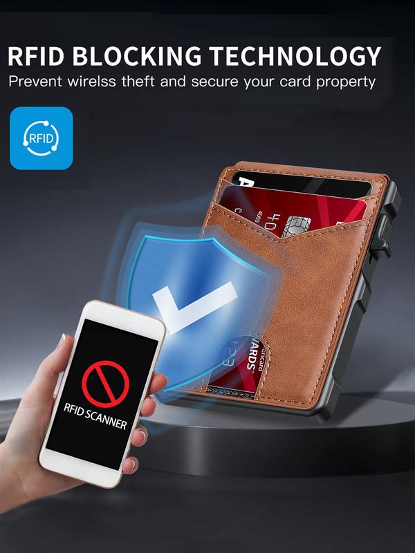 Minimalist Men's Wallet: Holds 5-10 cards, with cash clip and ID window. Features RFID anti-skimming protection, aluminum alloy foldable pop-up design.-KPL