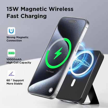 2026 US Spring Glow Up campaign 10000mAh Magnetic Power Bank Wireless Portable Charger with USB-C Cable LED Display Foldable Battery Pack for iPhone17/ 16/15/14/13/12/Pro/Pro Max Series Charging Compact Silicone Black⚡-LGZ