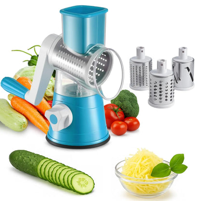 Manual Rotary Cheese Grater, 3-in-1 Stainless Steel Vegetable Slicer & Shredder, Multi-Function Kitchen Food Processor-TTT