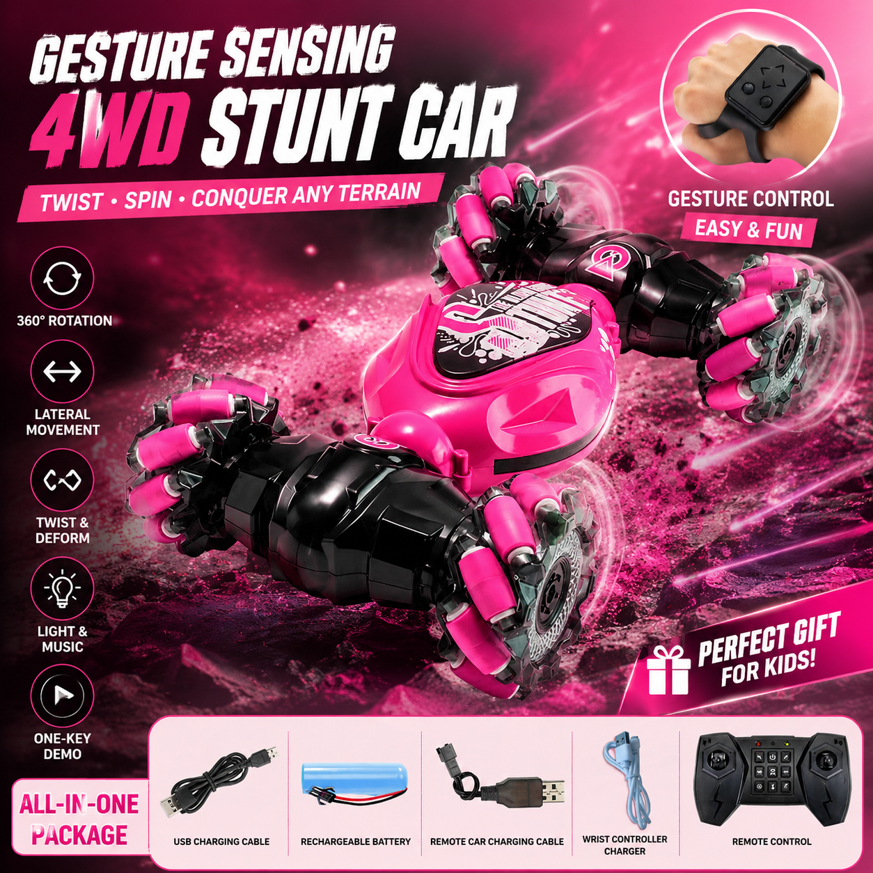 🚗Twist & Turn Gesture RC Car - No More Boring Toys! Dual Control Mode, All-Terrain Drift Stunt Car with Auto Demo & LED Light Show-AUX