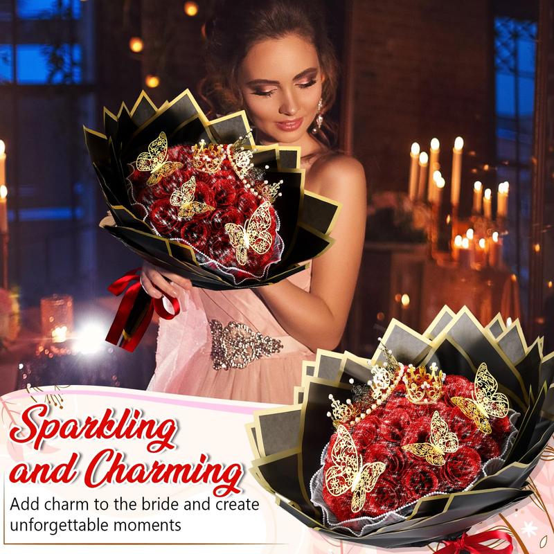 Mother’s Day Glitter Rose Bouquet DIY Artificial Flower Set with 3D Butterfly, Crown, Alphabet Stickers & Ribbon — Perfect Gift for Girlfriend, Wife, Mom & Women, Ideal for Valentine’s Day, Birthdays, Proposals, Anniversaries & Graduation 💐✨-KPL