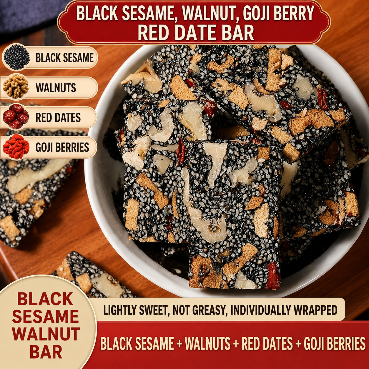 Premium Black Sesame Walnut Soft Cake with Red Dates & Goji Berries (No Added Sugar & Clean Ingredients) ✨-KPL