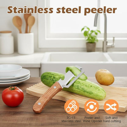 Premium-Grade Fruit & Vegetable Peeler| Sharp Stainless Steel Blade, Ergonomic Wooden Handle + Built-in Bottle Opener – Ideal for Daily Kitchen Use (Potatoes, Apples, Pumpkins & More)-KPL