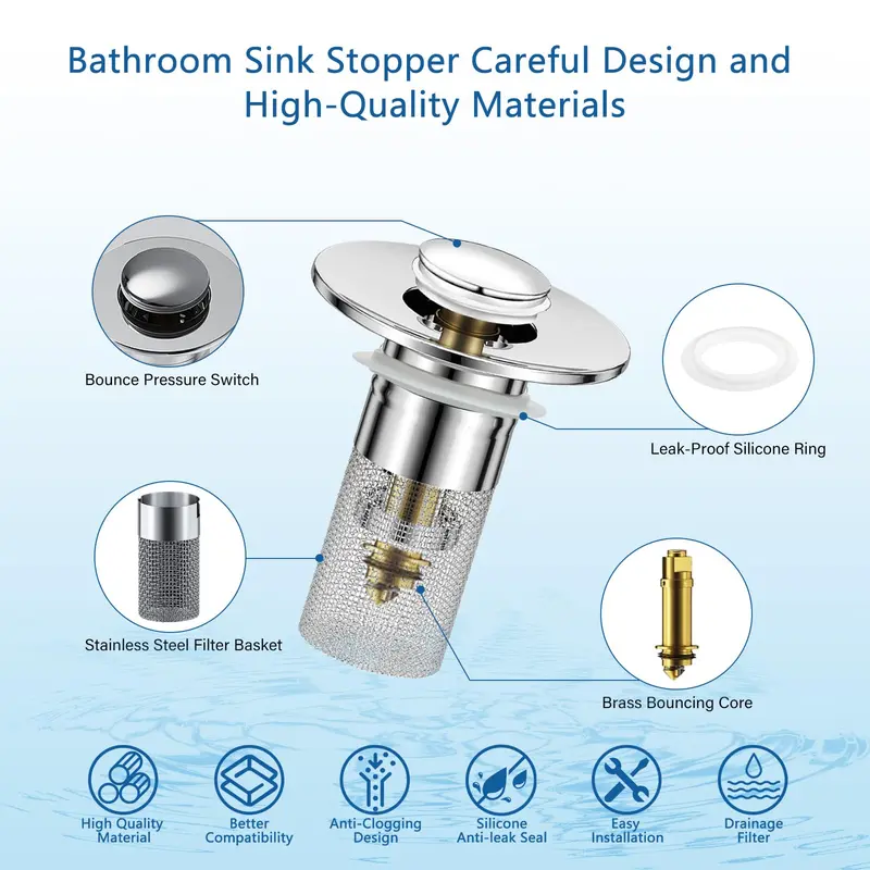 🚿 Bathroom Sink Drain Strainer. Pop-Up Stopper with Removable Stainless Steel Filter Basket ✨. Hair Catcher & Sink Plug Replacement-XLB
