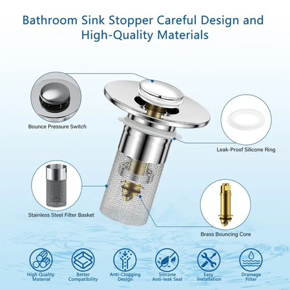 🚿 Bathroom Sink Drain Strainer. Pop-Up Stopper with Removable Stainless Steel Filter Basket ✨. Hair Catcher & Sink Plug Replacement-XLB