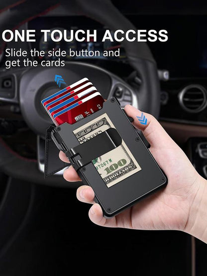 Minimalist Men's Wallet: Holds 5-10 cards, with cash clip and ID window. Features RFID anti-skimming protection, aluminum alloy foldable pop-up design.-KPL