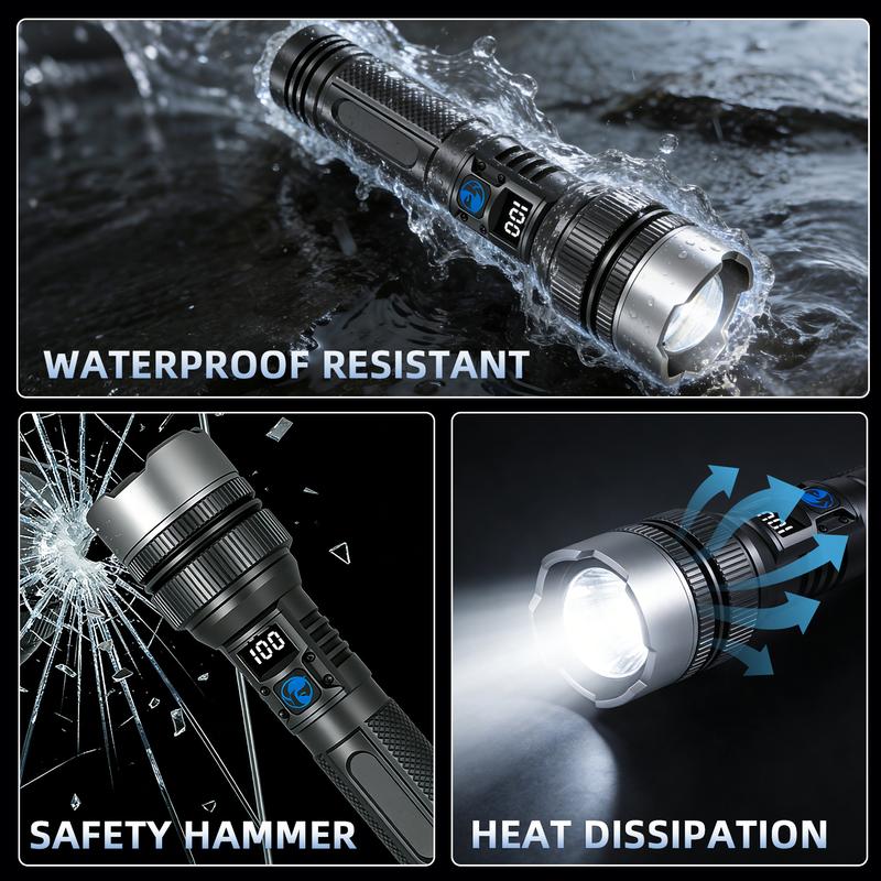 🔦2-in-1 Strong Flashlight (Power Bank)🔦, Digital display ofpower, Rechargeable, Zoomable,, X4Waterproof,Adjustable Brightness Flash Light for Outdoor, Emergency,Camping Accessories.-AUX